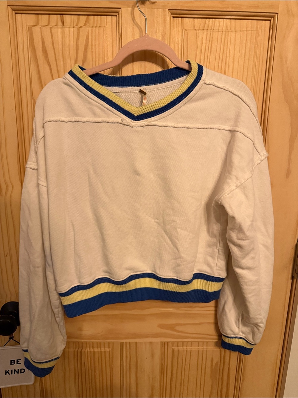 Free People Cropped White V-Neck Sweater with Blue & Yellow Trim